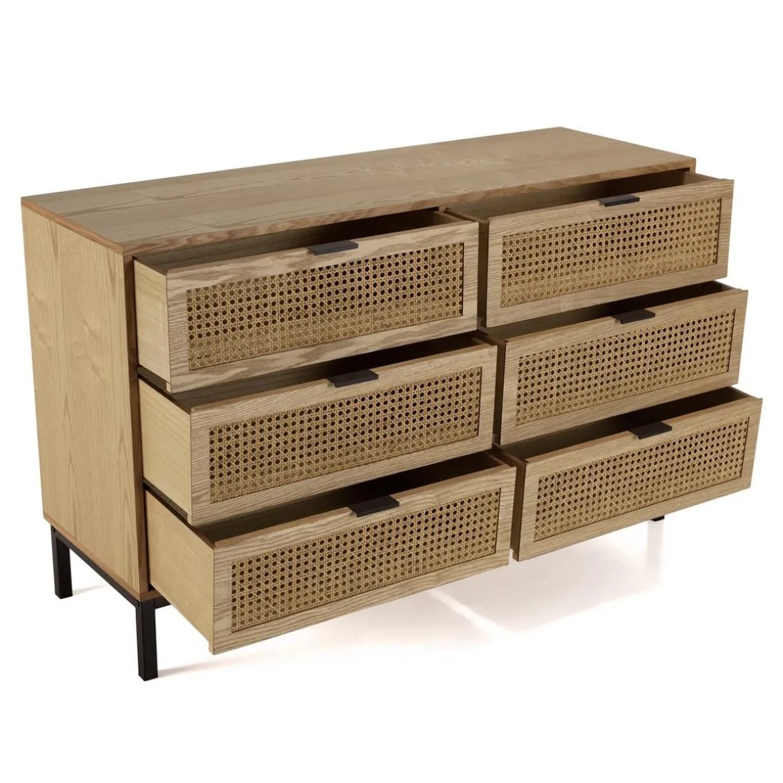 Commode 6 tiroirs cannage naturel pieds métal noir MARCEAU