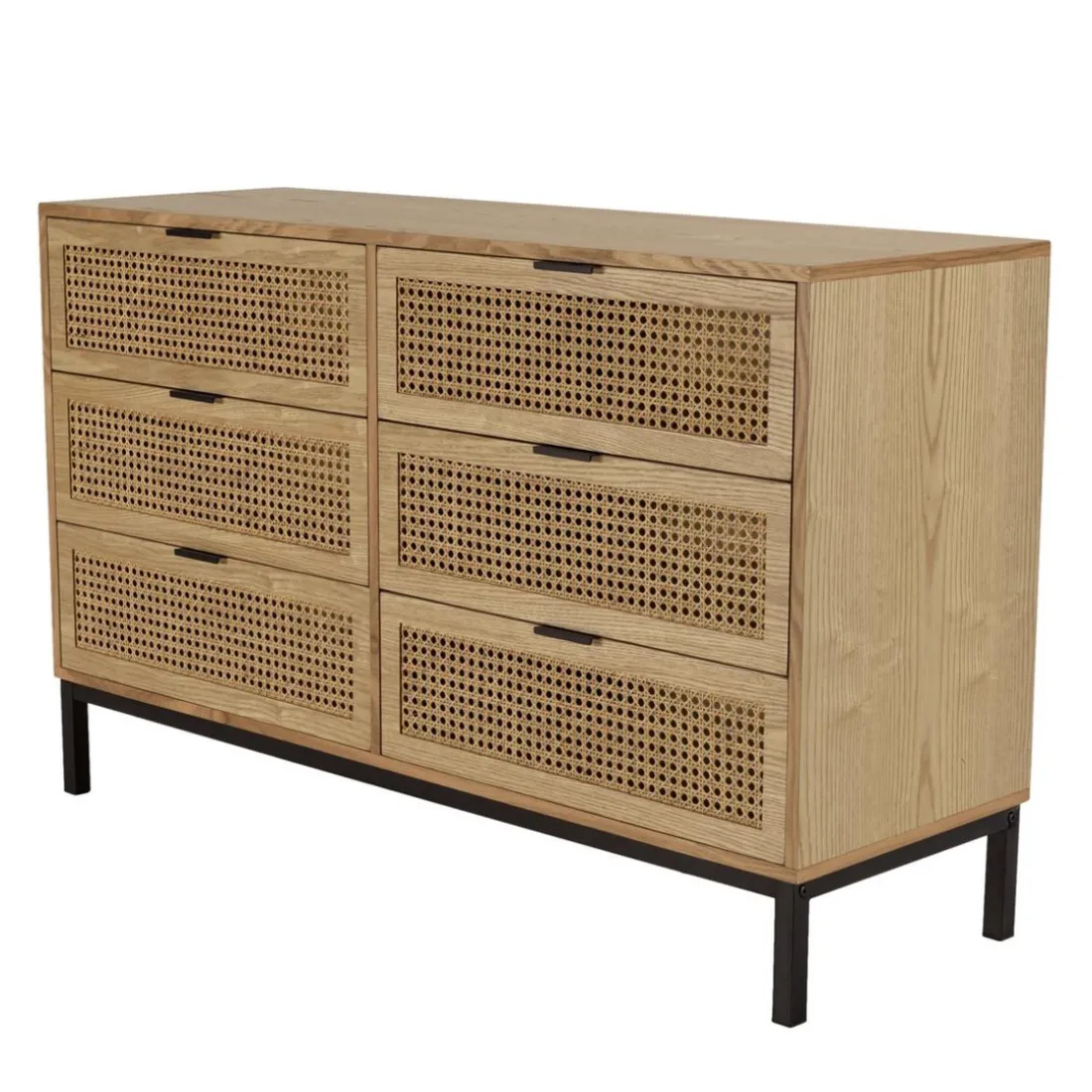 Commode 6 tiroirs cannage naturel pieds métal noir MARCEAU