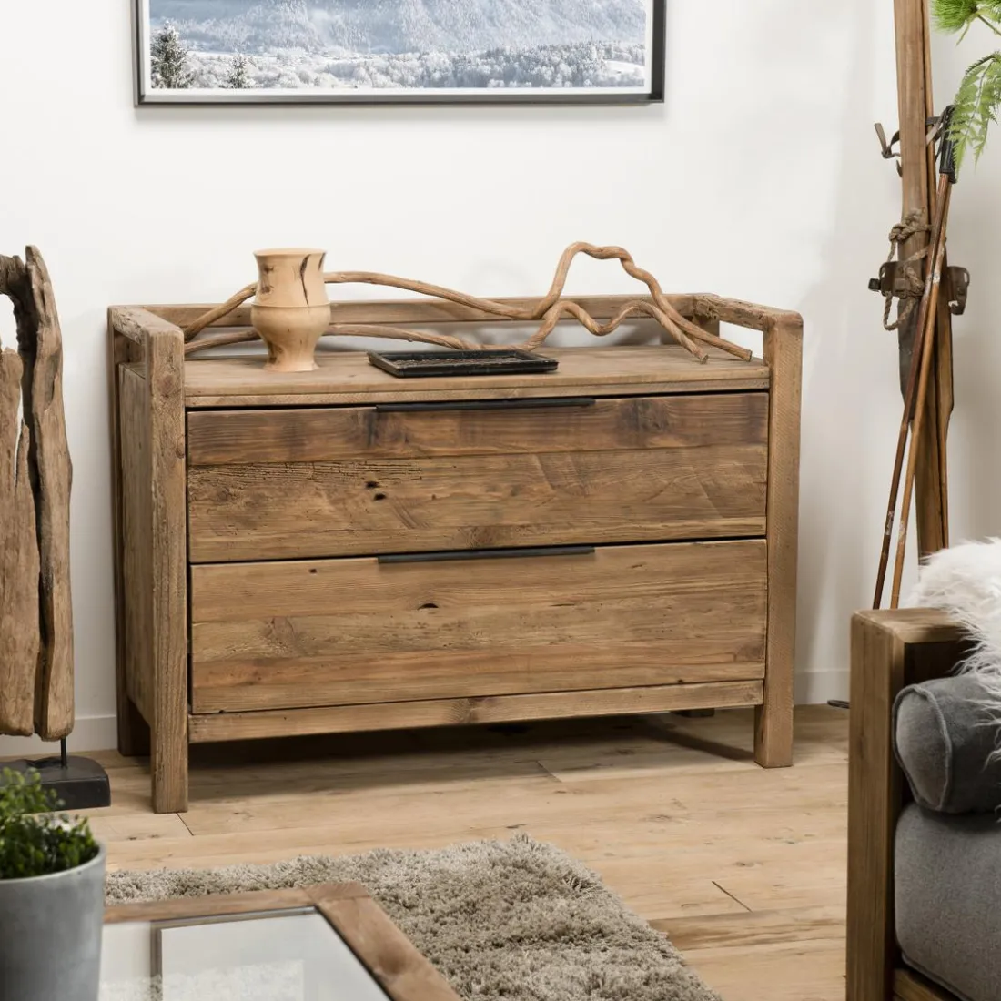Commode ANDRIAN 2 Tiroirs Bois Pin Recyclé