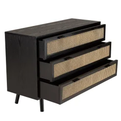 Commode noire 3 tiroirs cannage naturel ANGELO