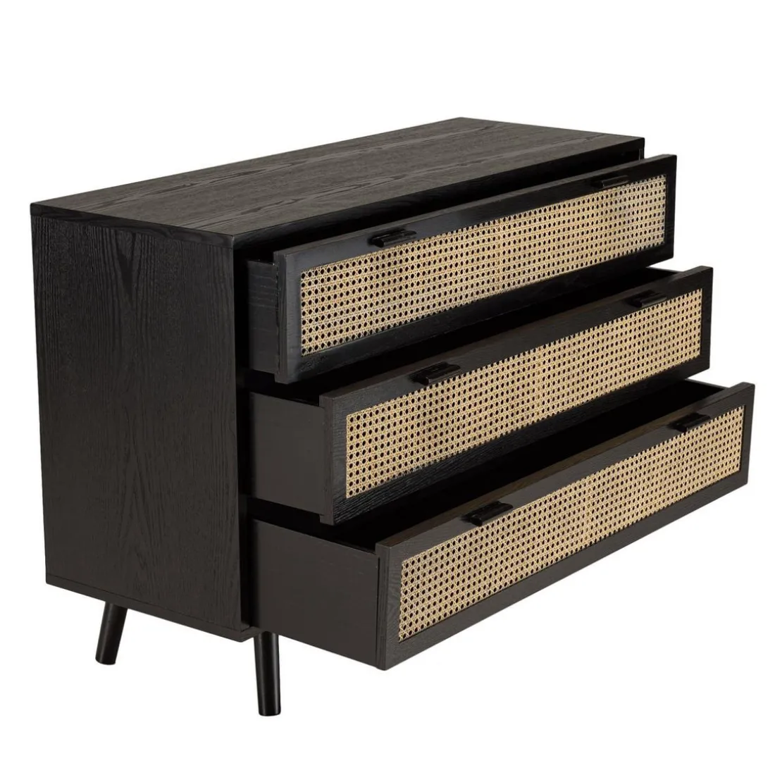 Commode noire 3 tiroirs cannage naturel ANGELO