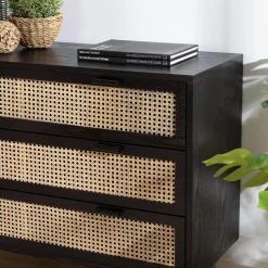 Commode noire 3 tiroirs cannage naturel ANGELO