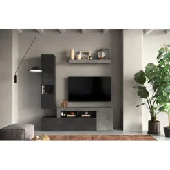 Composition murale L181 meuble TV, étagère et buffet mural gris béton