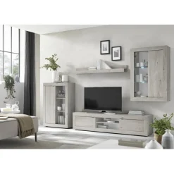 Composition murale meuble TV, étagère et 2 buffets muraux blanc chêne