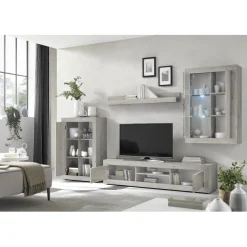 Composition murale meuble TV, étagère et 2 buffets muraux blanc chêne