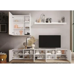 Composition murale meuble TV, étagère et buffet mural blanc