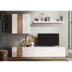 Composition murale meuble TV, étagère et buffet mural blanc