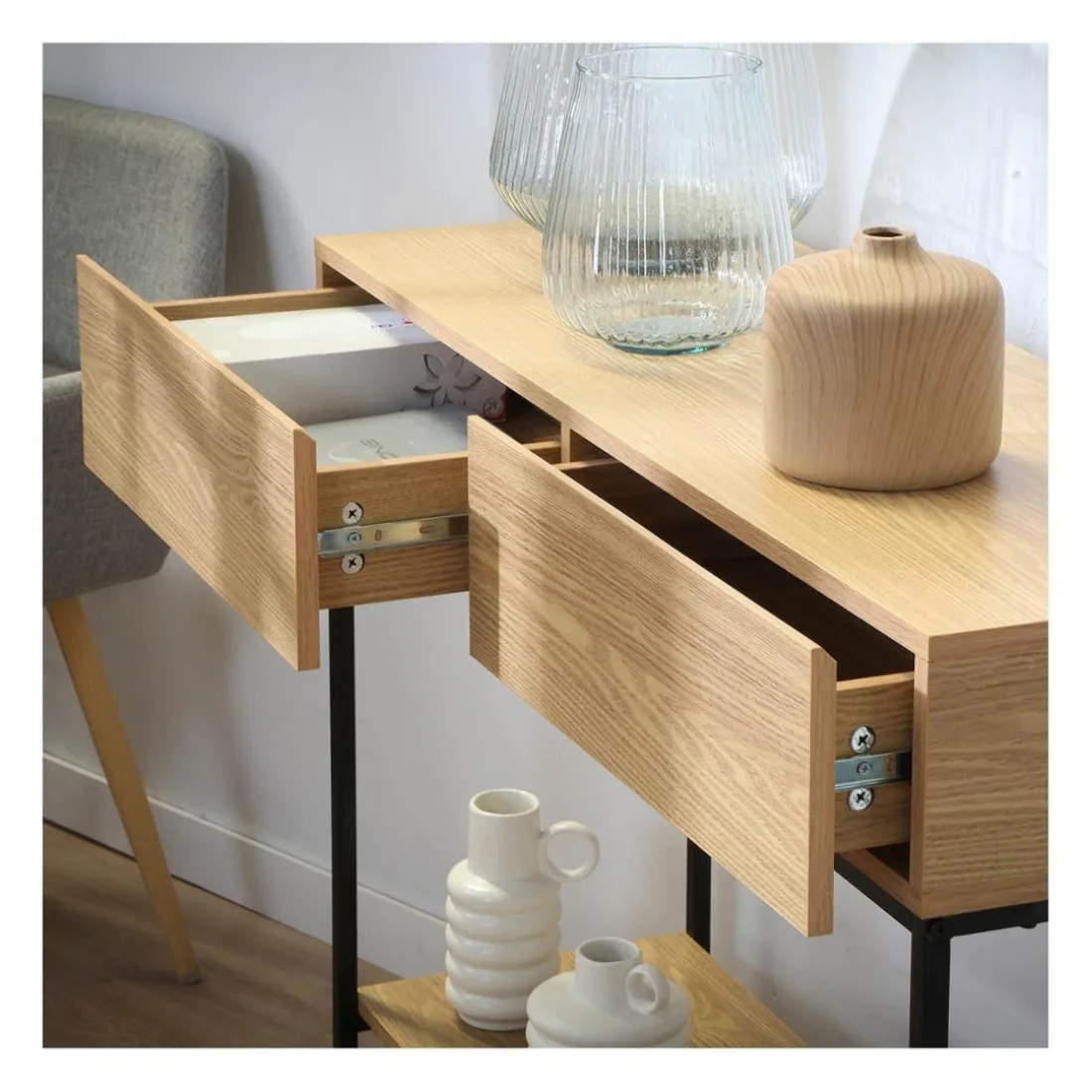 Console 2 Tiroirs 1 Tablette Décor Bois en bois Beige