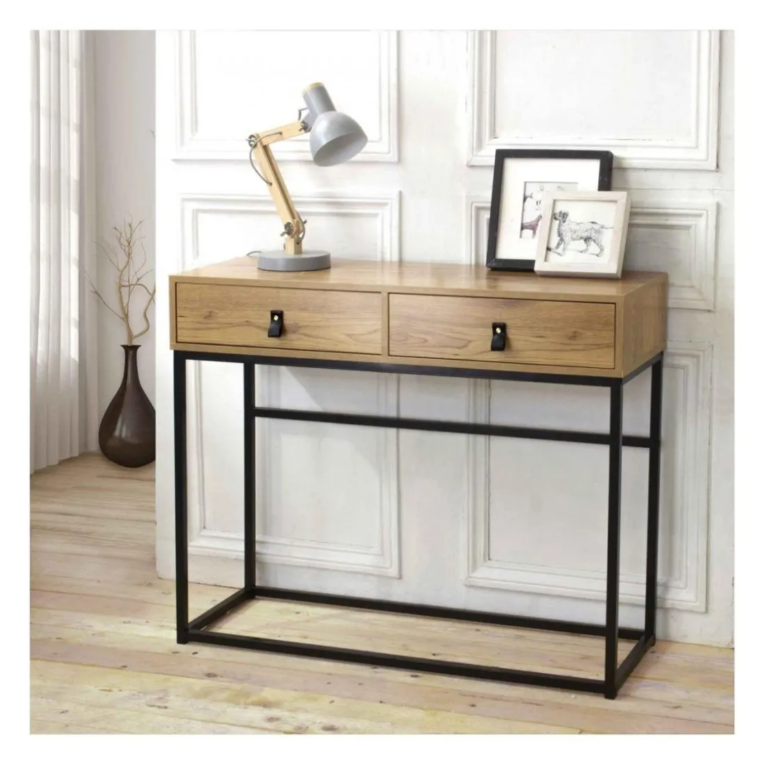 Console 2 tiroirs avec pieds en métal effet chêne Beige