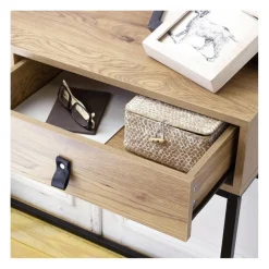Console 2 tiroirs avec pieds en métal effet chêne Beige