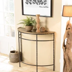 Console demi-lune 90x36cm alu doré pieds métal noirs torsadés JOHAN