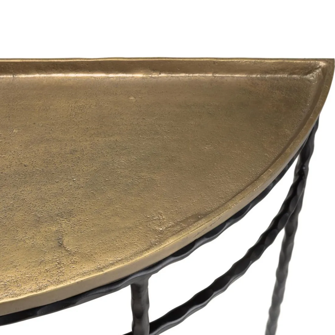Console demi-lune 90x36cm alu doré pieds métal noirs torsadés JOHAN