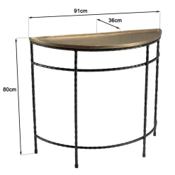 Console demi-lune 90x36cm alu doré pieds métal noirs torsadés JOHAN