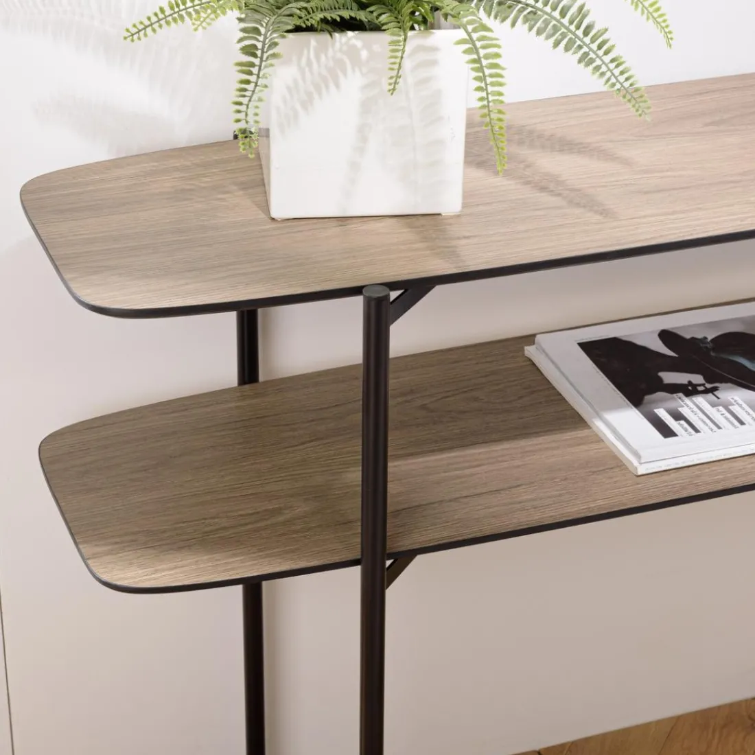 Console double plateau couleur mocha pieds métal noir JULIA