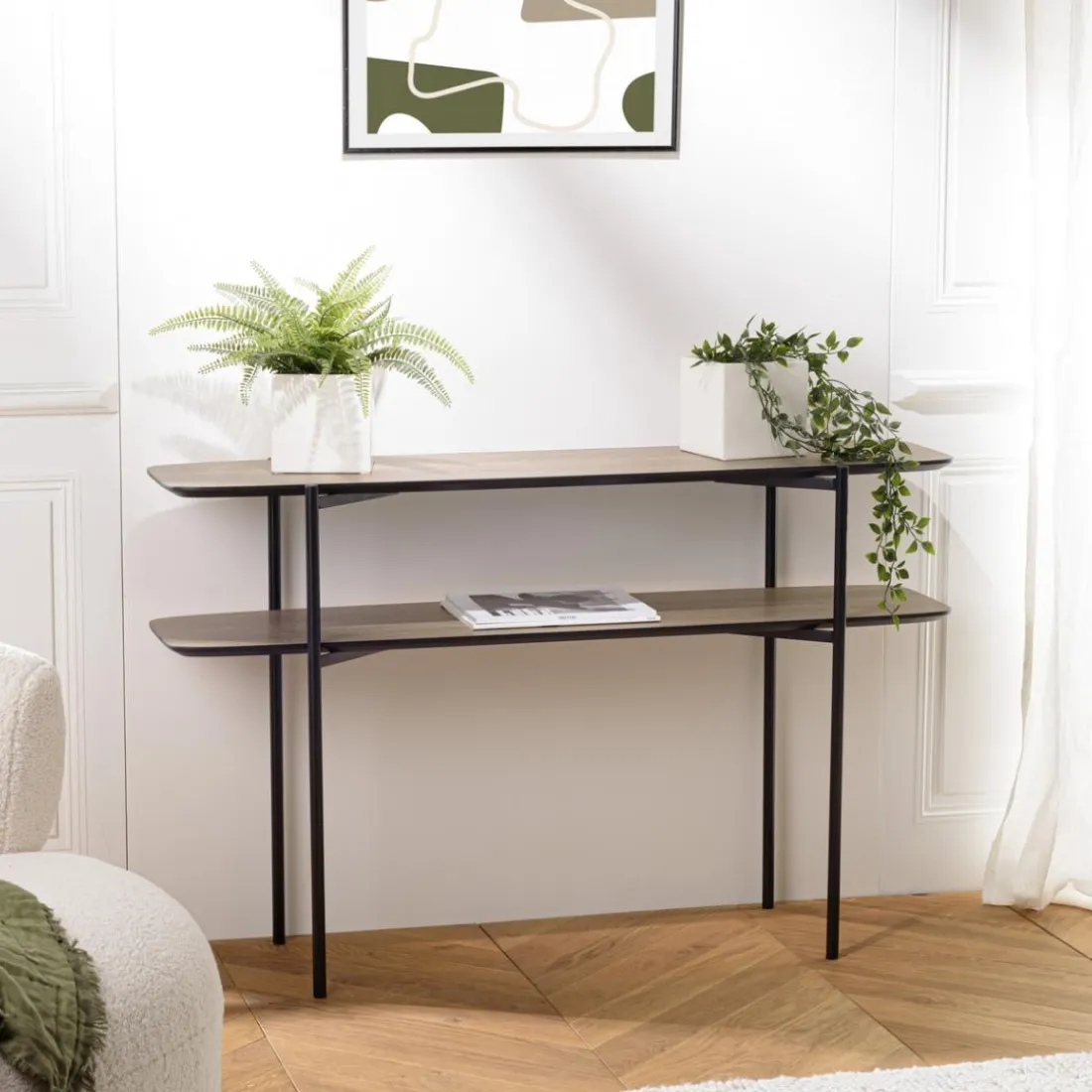 Console double plateau couleur mocha pieds métal noir JULIA