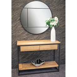 Console en métal noir avec étagères et tiroirs en chêne