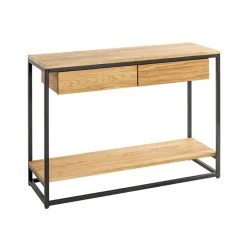 Console en métal noir avec étagères et tiroirs en chêne