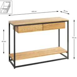 Console en métal noir avec étagères et tiroirs en chêne
