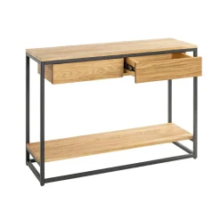 Console en métal noir avec étagères et tiroirs en chêne