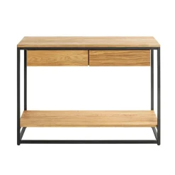 Console en métal noir avec étagères et tiroirs en chêne
