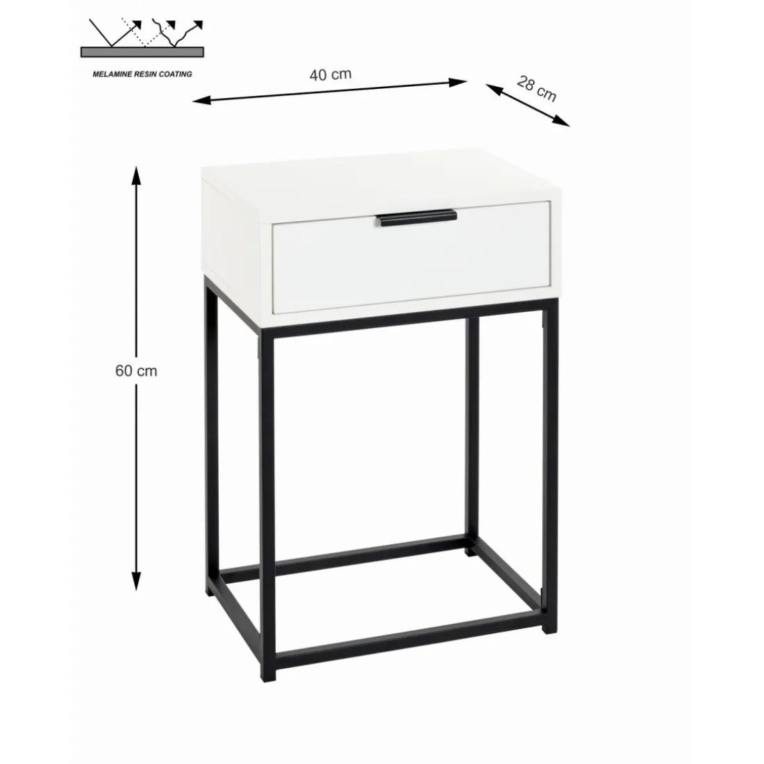 Console en tube d'acier peint par poudrage en noir tiroir en panneau de particules avec décor en blanc