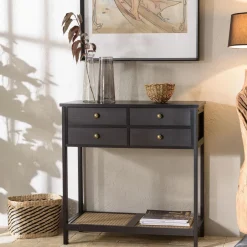 Console noire 4 tiroirs 1 étagère effet cannage CHARLIE