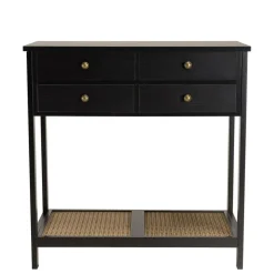 Console noire 4 tiroirs 1 étagère effet cannage CHARLIE
