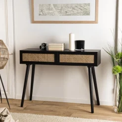 Console noire 2 tiroirs cannage - MIKEL