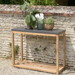 Console rectangulaire grand modèle double plateau effet béton foncé et acacia HECTOR