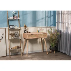 Console scandinave en bois avec 2 tiroirs Cannage Rotin Gris