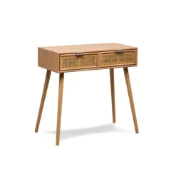 Console scandinave en bois avec 2 tiroirs Cannage Rotin Gris