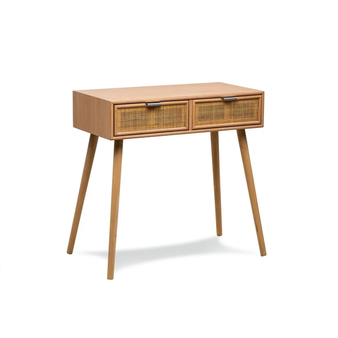 Console scandinave en bois avec 2 tiroirs Cannage Rotin Gris