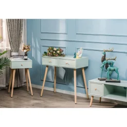 Console scandinave en bois avec 2 tiroirs vert menthe