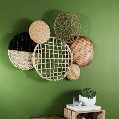 Décoration murale en métal et rotin 6 ronds SATELLO beige