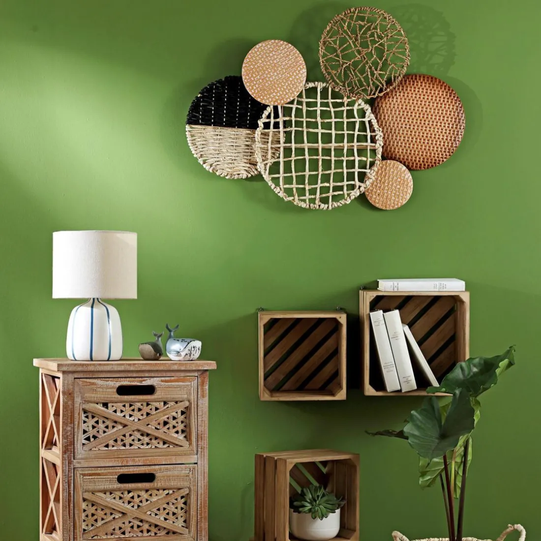 Décoration murale en métal et rotin 6 ronds SATELLO beige