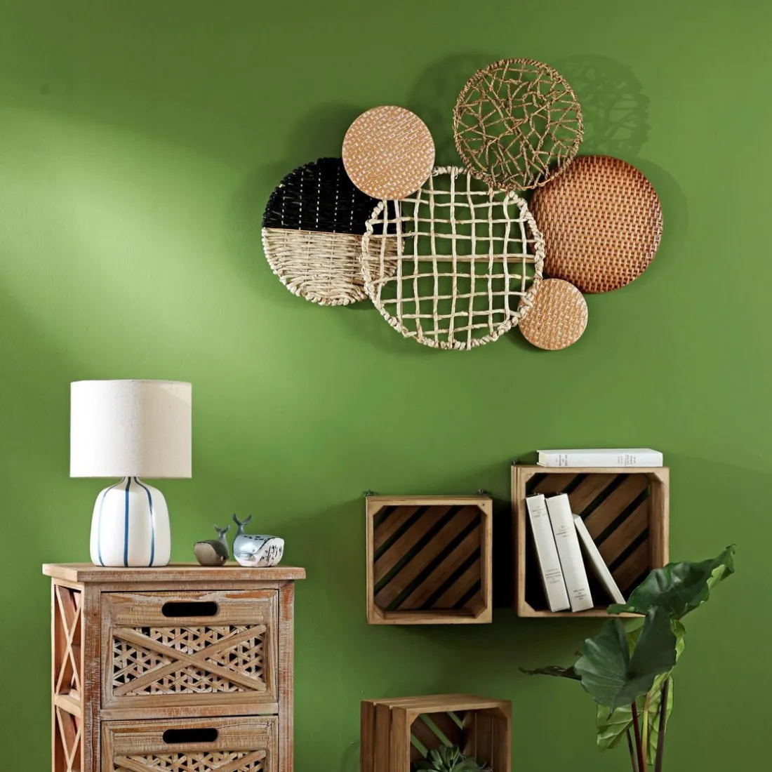 Décoration murale en métal et rotin 6 ronds SATELLO beige