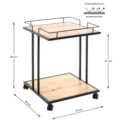 Desserte à roulettes avec plateaux en MDF décor chêne et en en Tube d'acier laqué Noir