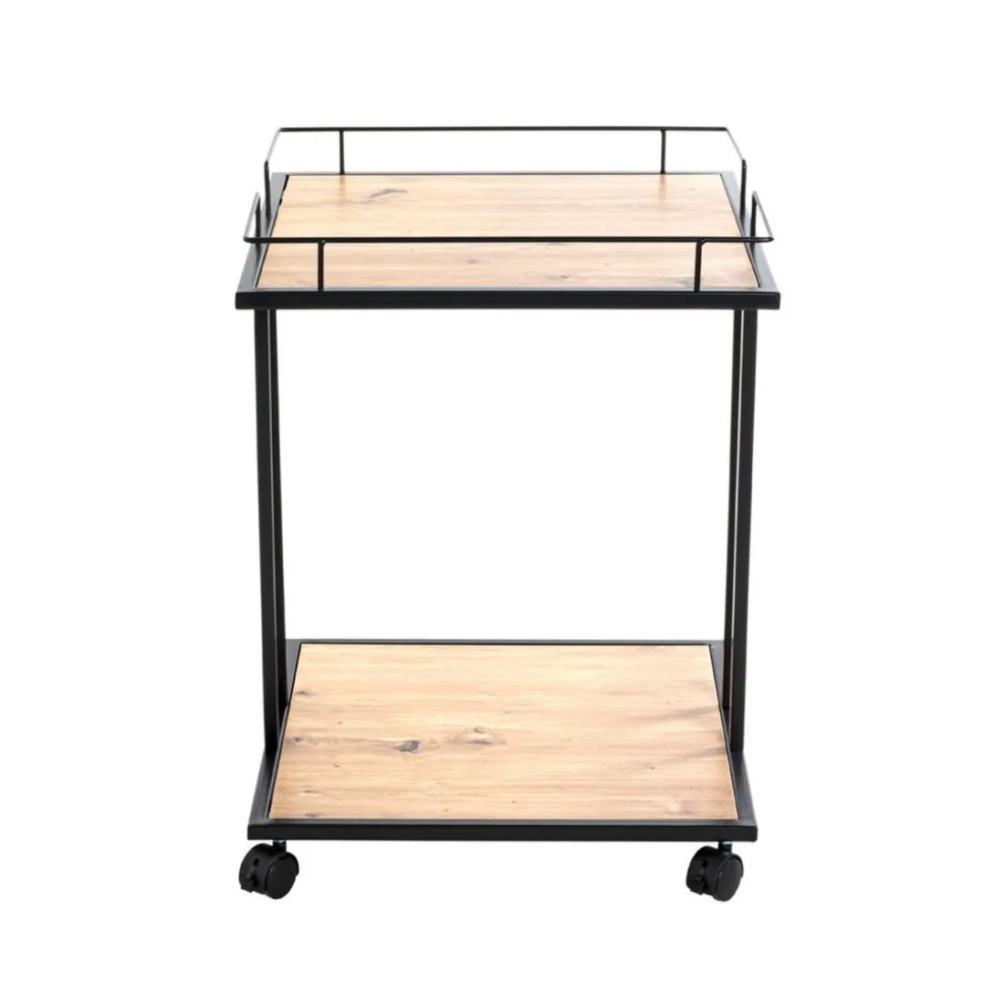 Desserte à roulettes avec plateaux en MDF décor chêne et en en Tube d'acier laqué Noir