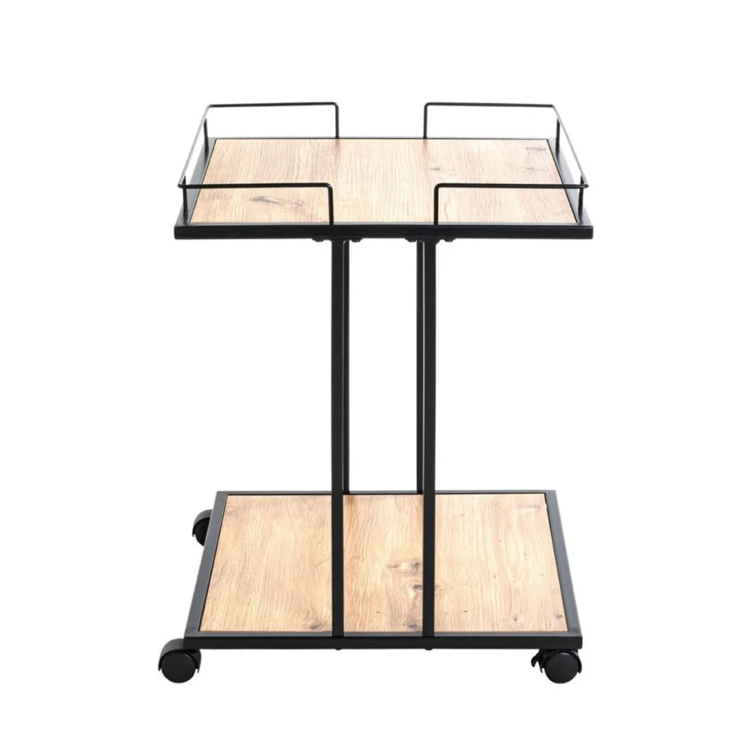 Desserte à roulettes avec plateaux en MDF décor chêne et en en Tube d'acier laqué Noir