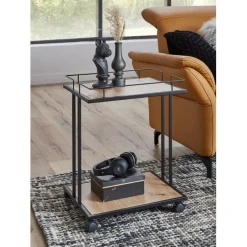 Desserte à roulettes avec plateaux en MDF décor chêne et en en Tube d'acier laqué Noir