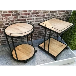 Desserte à roulettes avec plateaux en MDF décor chêne et en en Tube d'acier laqué Noir