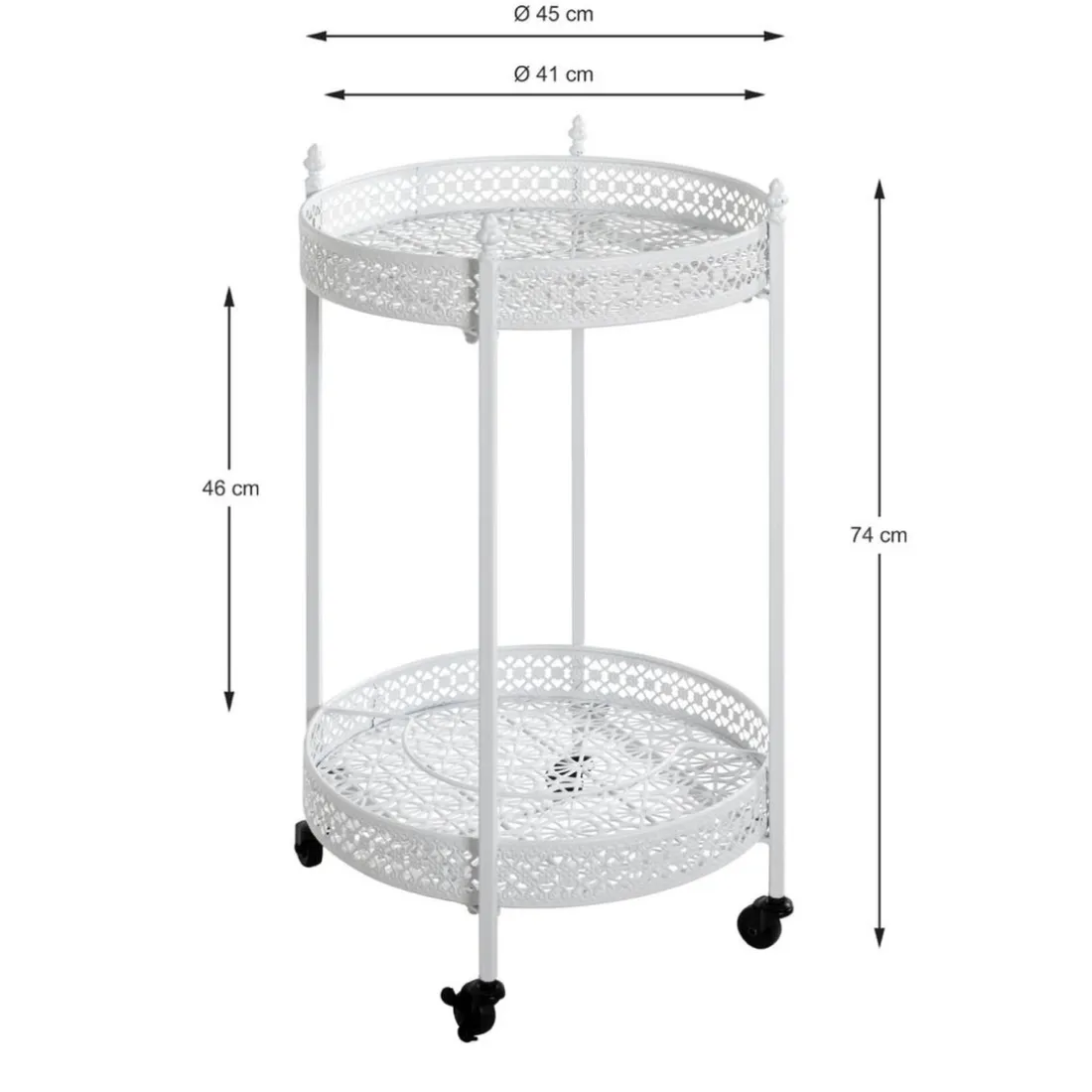 Desserte acier laqué blanc sur roulettes et plateaux métal laqué blanc