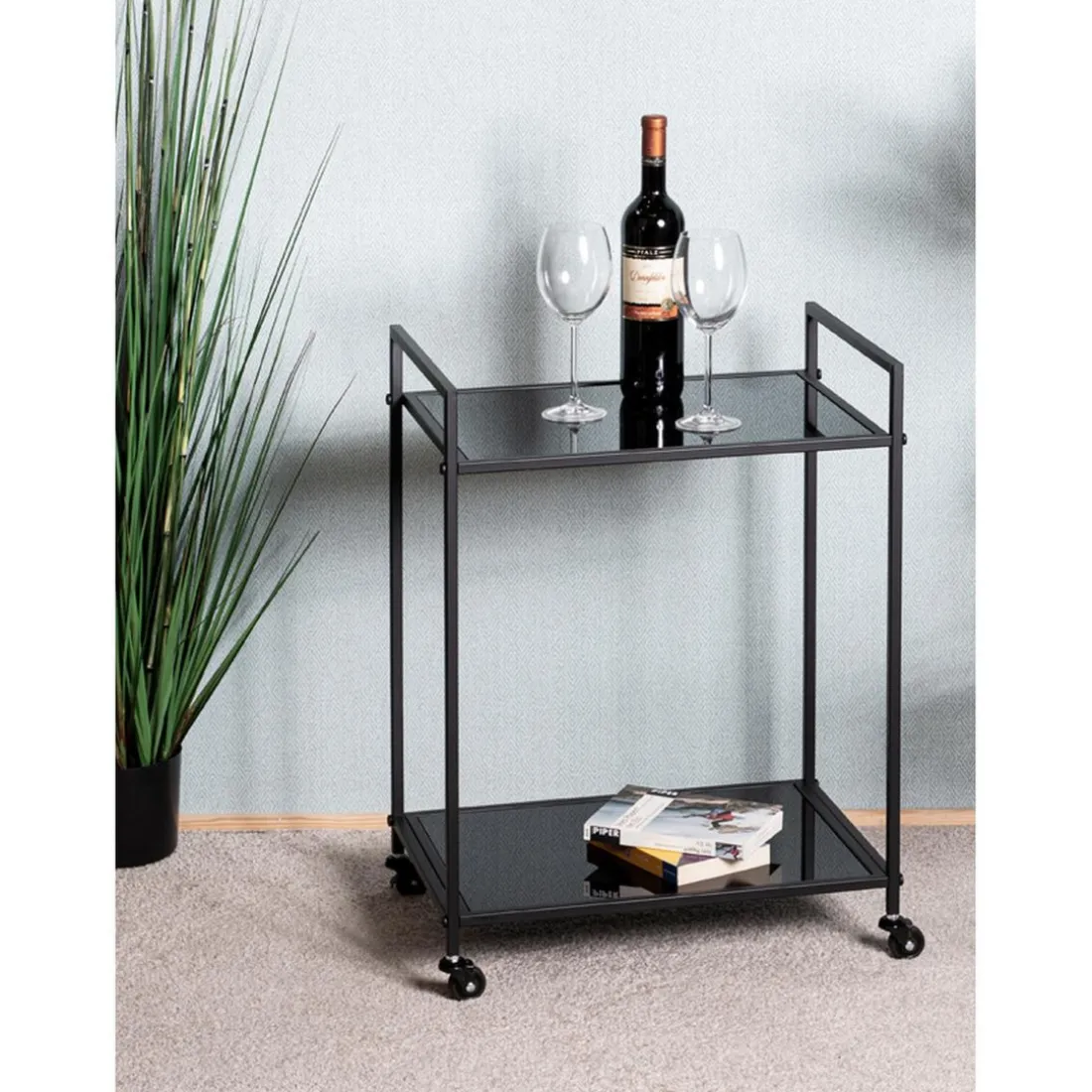 Desserte Noire en Métal avec plateau en Verre laqué