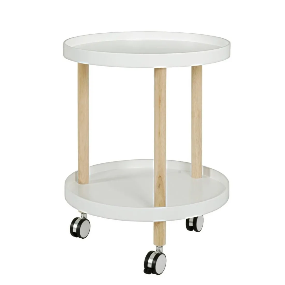 Desserte sur roulettes avec structure en Bois massif nature et plateaux en MDF laqué Blanc