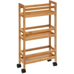 Desserte étroite 3 niveaux à roulettes bambou