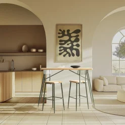 Ensemble 1 bar avec 2 tabourets pin et métal vert HELENA