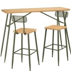 Ensemble 1 bar avec 2 tabourets pin et métal vert HELENA