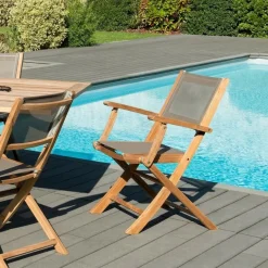 Ensemble de 2 fauteuils de jardin pliants en bois teck et textilène couleur taupe