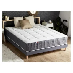 Ensemble Matelas Ressort 7 Zones KISTO + Mémoire De Forme + Sommier Bleu Denim LEO Fabriqué En France
