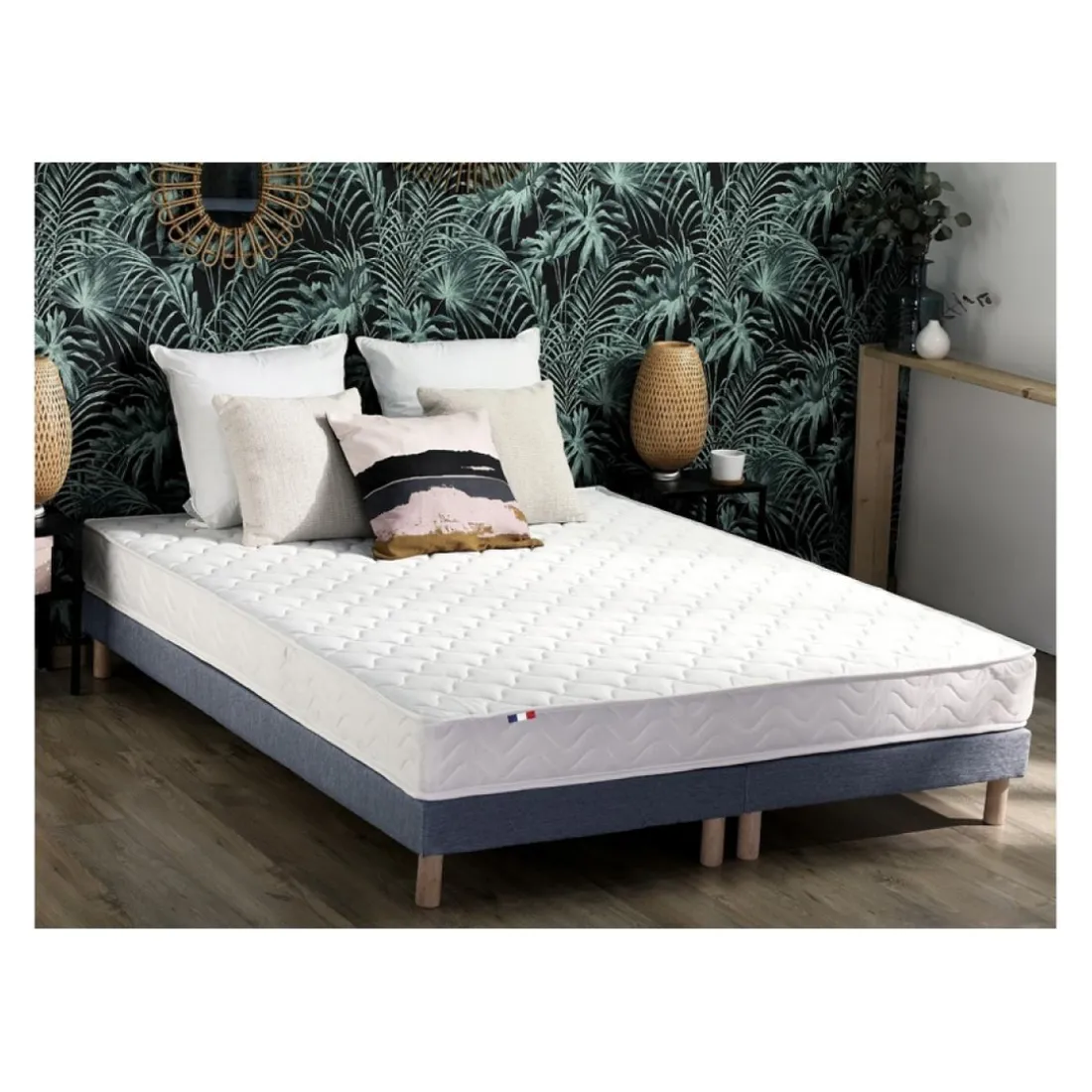 Ensemble Matelas Ressorts Fermes biconiques SPECTOS + Sommier Made in France - Sommier Bleu denim